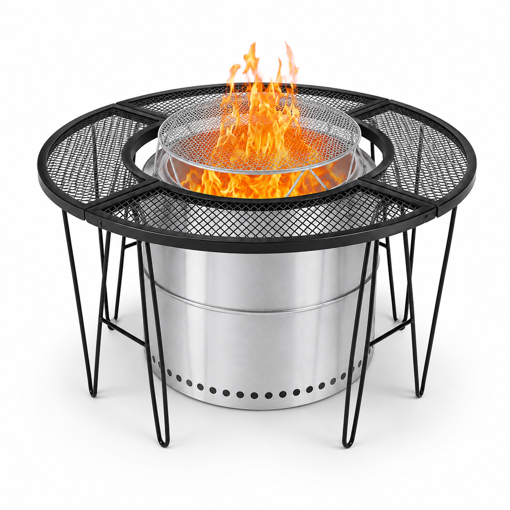 88cm Fire Pit Surround Table, Round Metal Mesh Table with 52cm Centre Opening for Garden & Camping