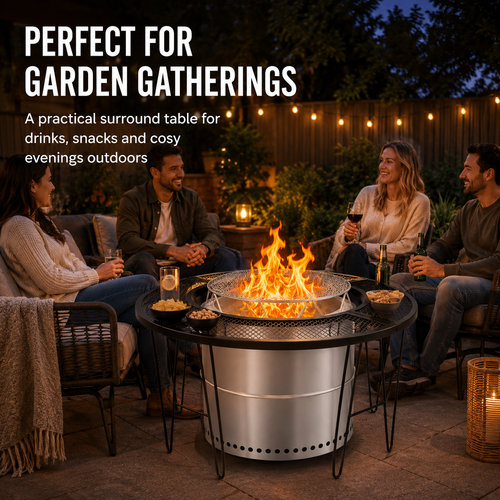 88cm Fire Pit Surround Table, Round Metal Mesh Table with 52cm Centre Opening for Garden & Camping