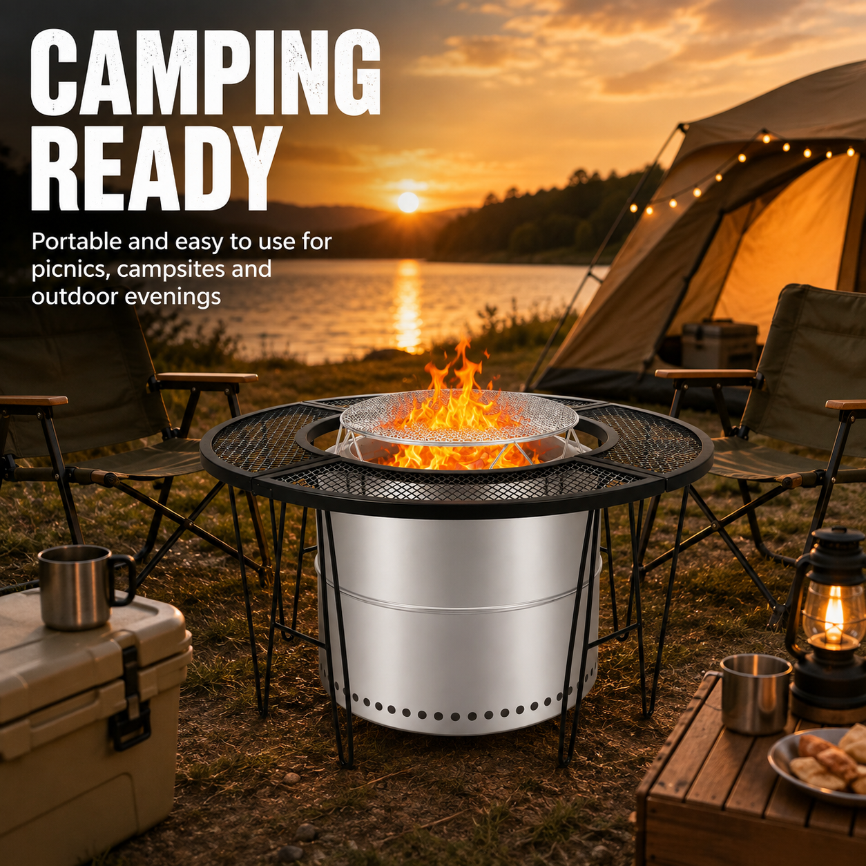 88cm Fire Pit Surround Table, Round Metal Mesh Table with 52cm Centre Opening for Garden & Camping