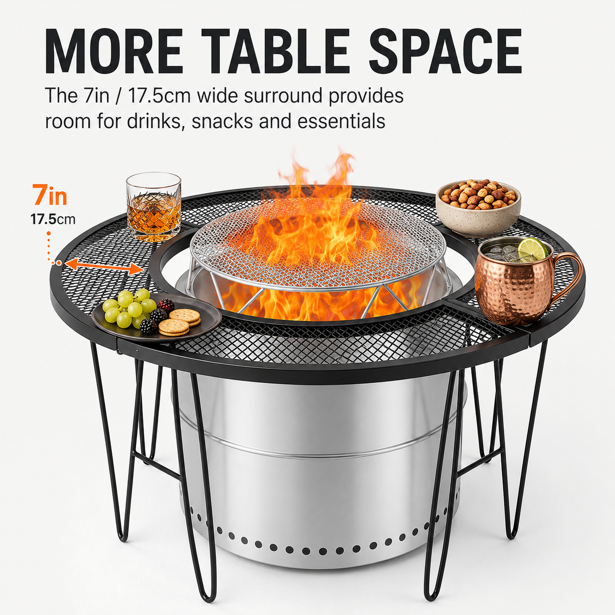 88cm Fire Pit Surround Table, Round Metal Mesh Table with 52cm Centre Opening for Garden & Camping