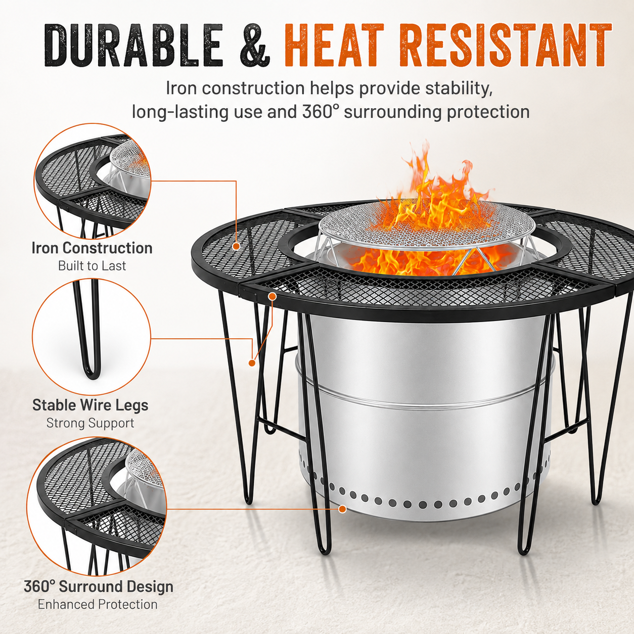 88cm Fire Pit Surround Table, Round Metal Mesh Table with 52cm Centre Opening for Garden & Camping
