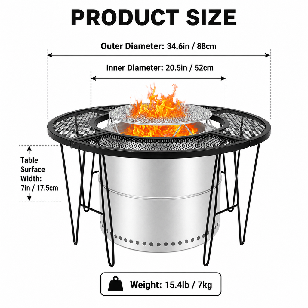 88cm Fire Pit Surround Table, Round Metal Mesh Table with 52cm Centre Opening for Garden & Camping