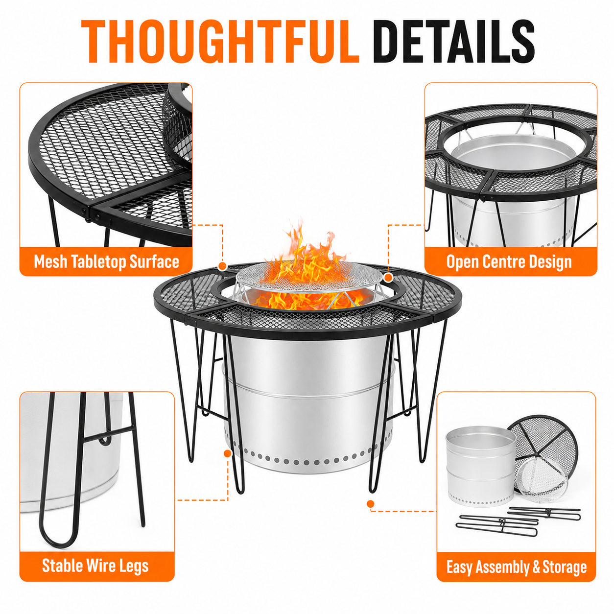 88cm Fire Pit Surround Table, Round Metal Mesh Table with 52cm Centre Opening for Garden & Camping