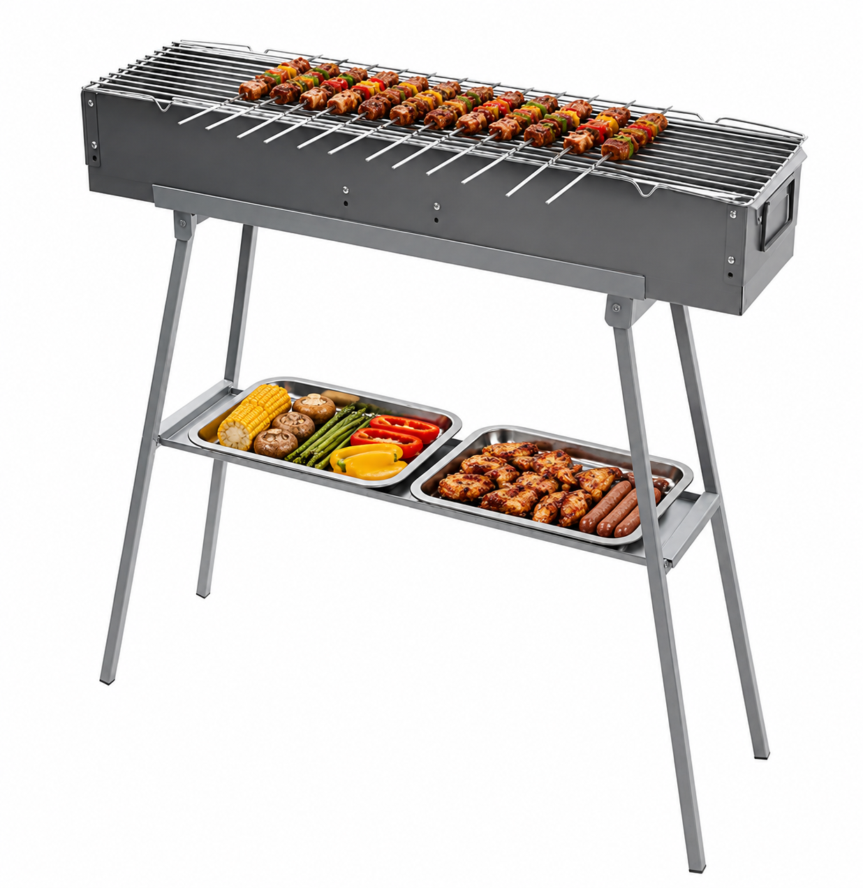 Portable Charcoal BBQ Grill 80cm, Kebab Skewer Barbecue with Foldable Legs & Adjustable Air Vents, Outdoor Grill for Camping & Garden