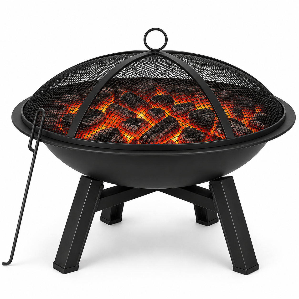 28in Outdoor Fire Pit with Mesh Spark Screen & Fire Poker, Wood Burning Garden Fire Bowl