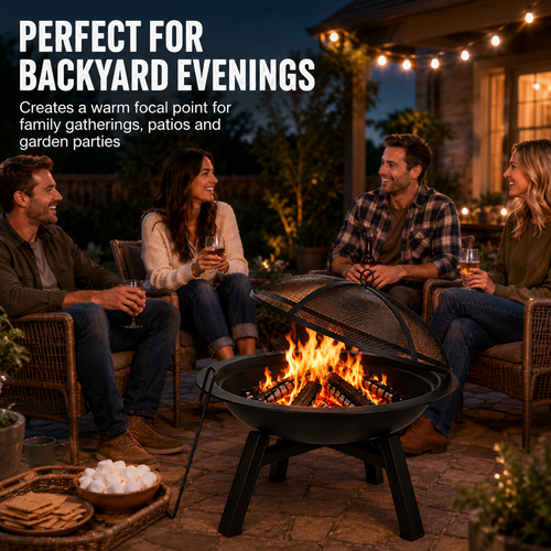28in Outdoor Fire Pit with Mesh Spark Screen & Fire Poker, Wood Burning Garden Fire Bowl
