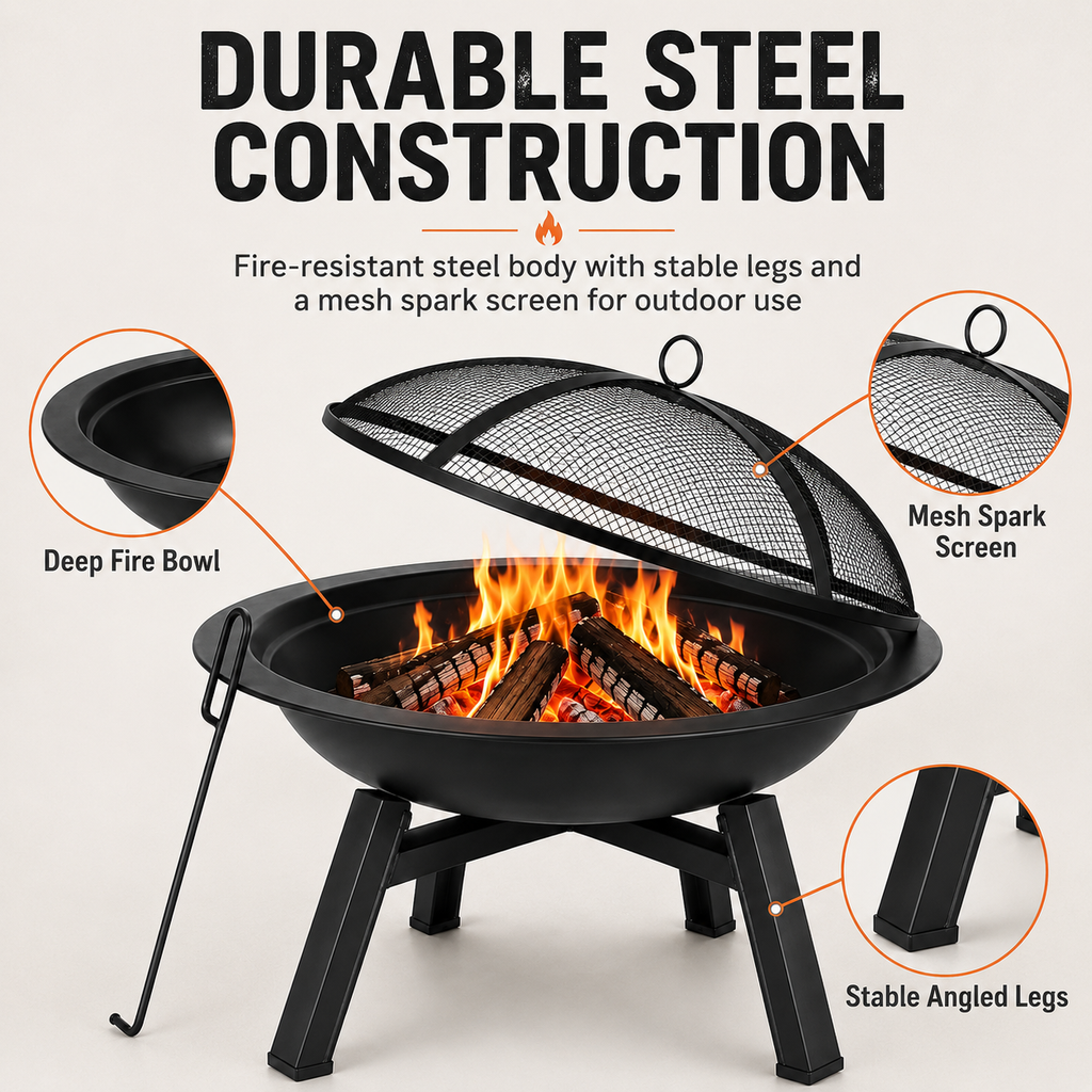 28in Outdoor Fire Pit with Mesh Spark Screen & Fire Poker, Wood Burning Garden Fire Bowl