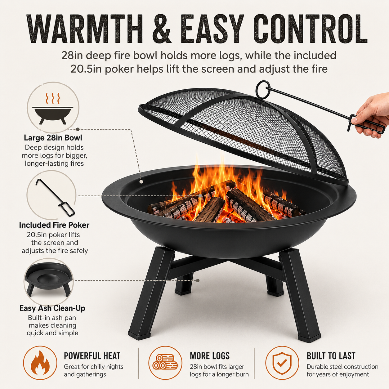 28in Outdoor Fire Pit with Mesh Spark Screen & Fire Poker, Wood Burning Garden Fire Bowl