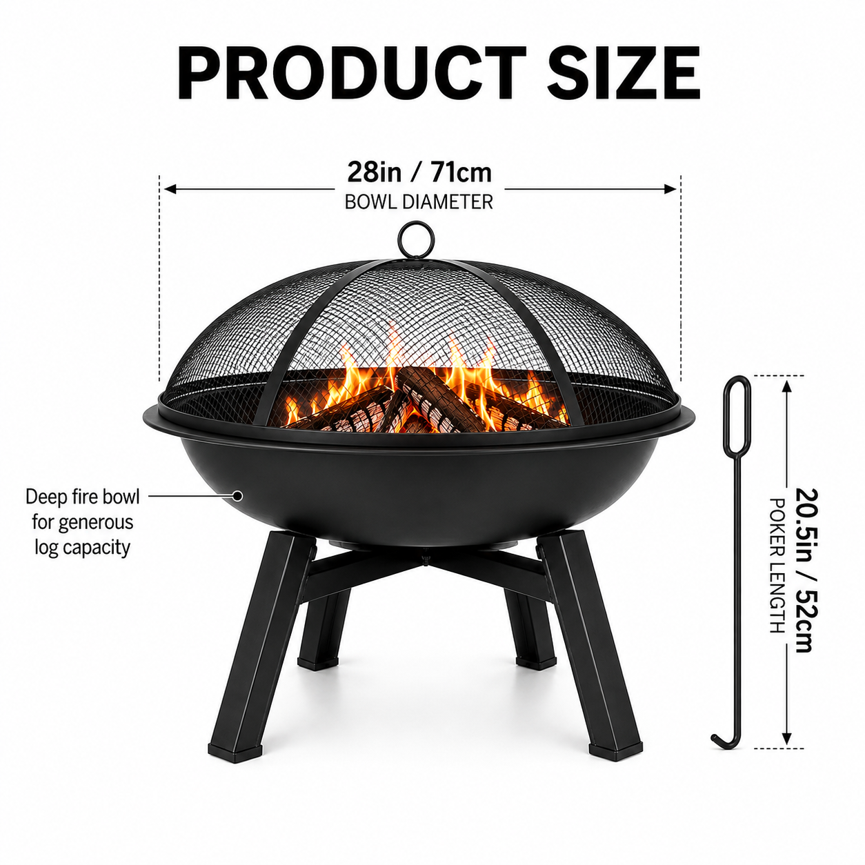 28in Outdoor Fire Pit with Mesh Spark Screen & Fire Poker, Wood Burning Garden Fire Bowl
