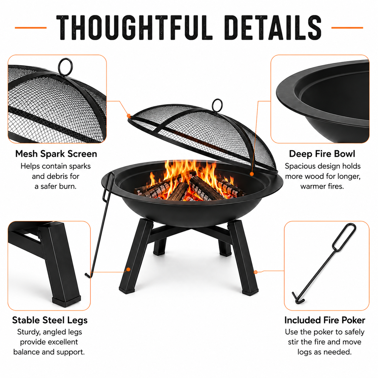 28in Outdoor Fire Pit with Mesh Spark Screen & Fire Poker, Wood Burning Garden Fire Bowl
