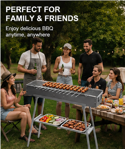 Portable Charcoal BBQ Grill 80cm, Kebab Skewer Barbecue with Foldable Legs & Adjustable Air Vents, Outdoor Grill for Camping & Garden