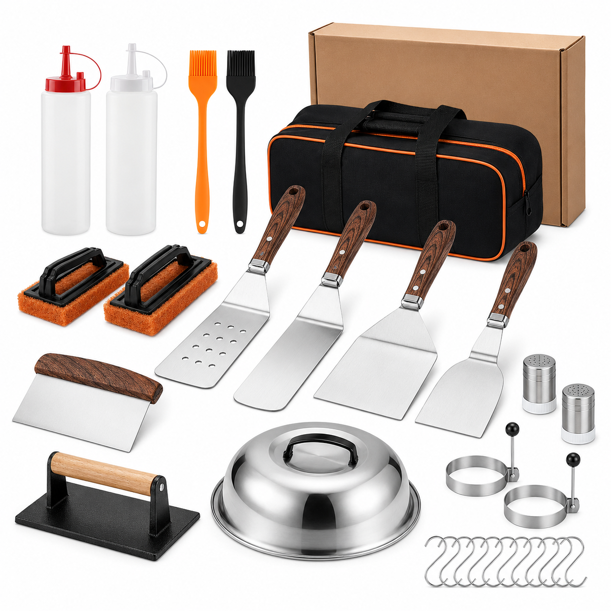 29-Piece Griddle Accessories Set with Spatulas, Grill Press, Basting Cover, Scraper, Egg Rings & Carry Bag