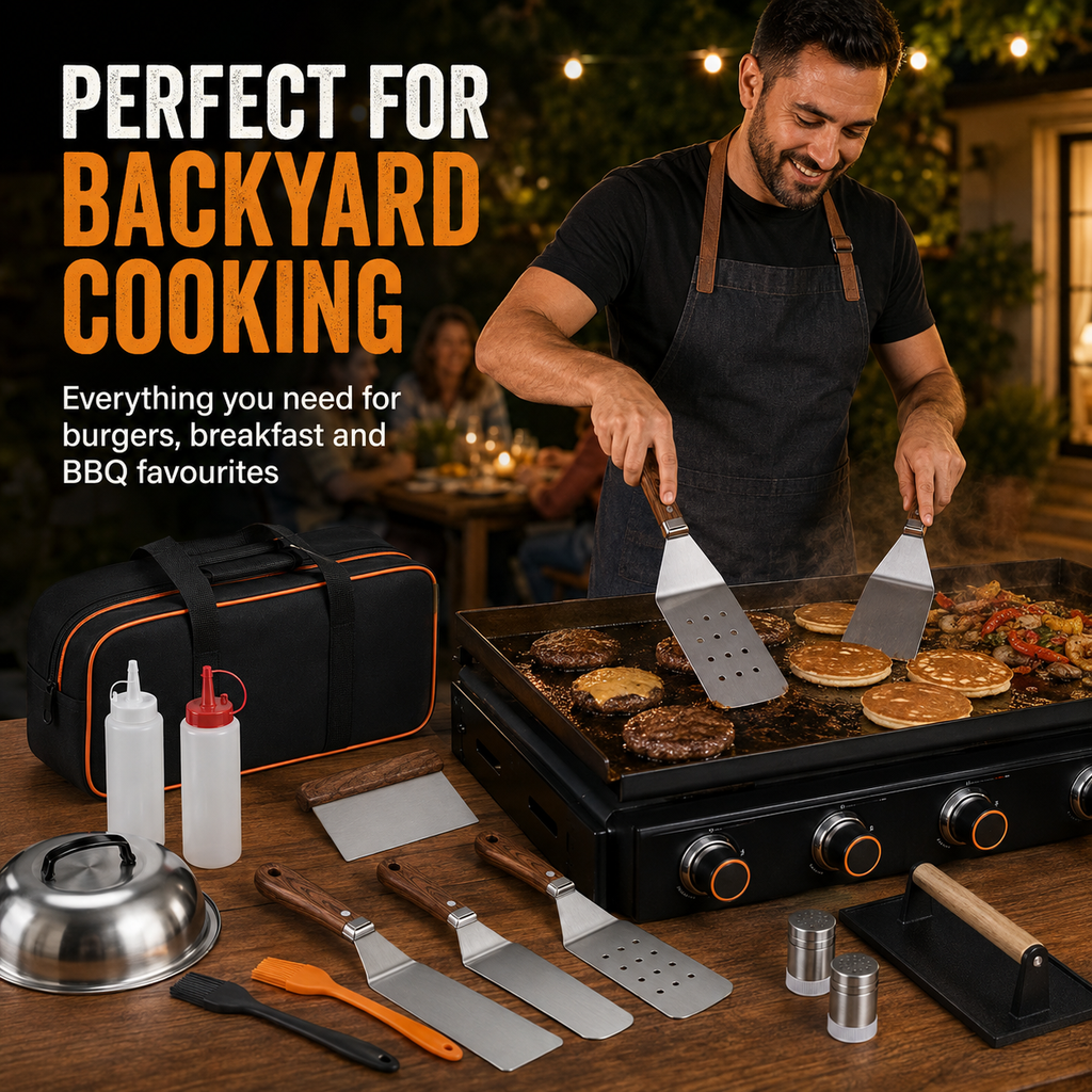 29-Piece Griddle Accessories Set with Spatulas, Grill Press, Basting Cover, Scraper, Egg Rings & Carry Bag