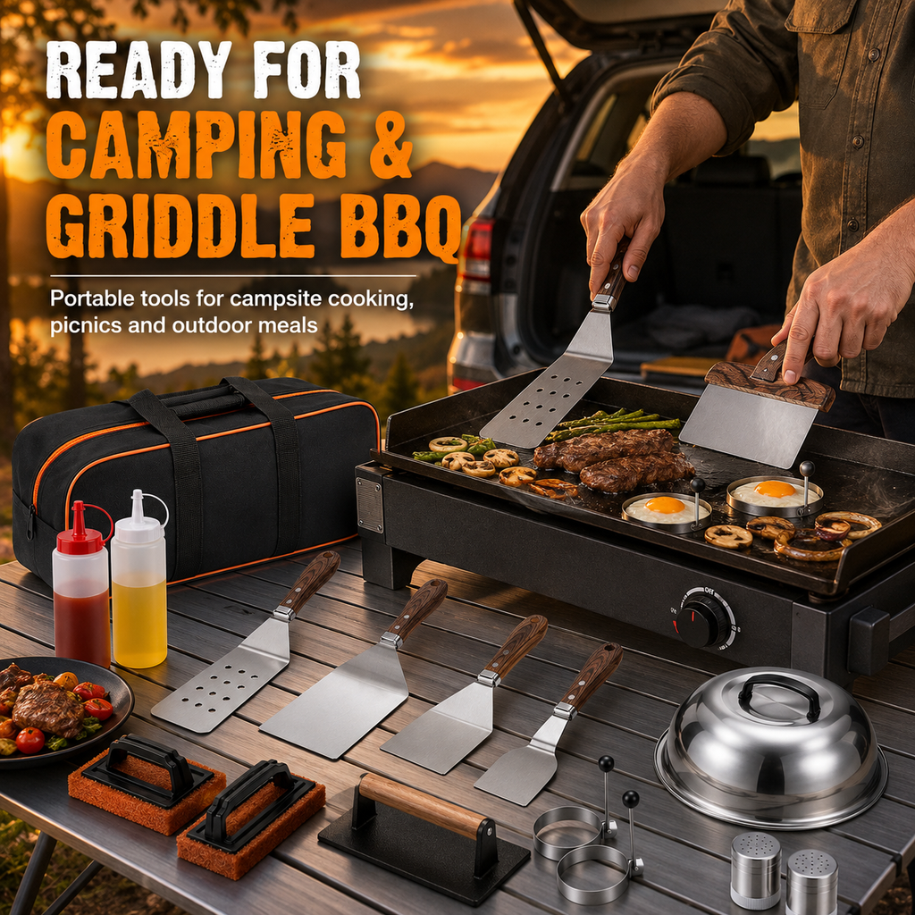 29-Piece Griddle Accessories Set with Spatulas, Grill Press, Basting Cover, Scraper, Egg Rings & Carry Bag
