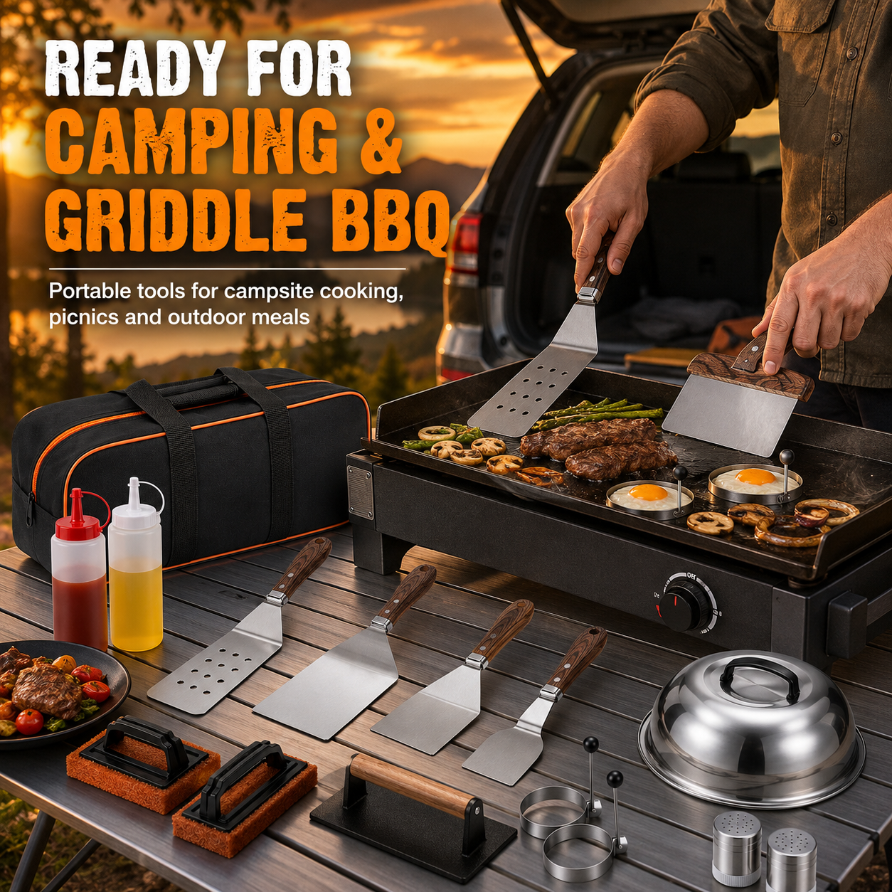 29-Piece Griddle Accessories Set with Spatulas, Grill Press, Basting Cover, Scraper, Egg Rings & Carry Bag