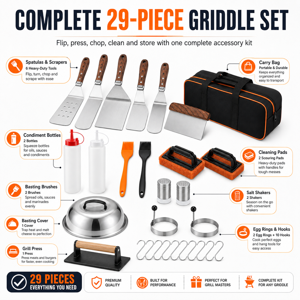 29-Piece Griddle Accessories Set with Spatulas, Grill Press, Basting Cover, Scraper, Egg Rings & Carry Bag