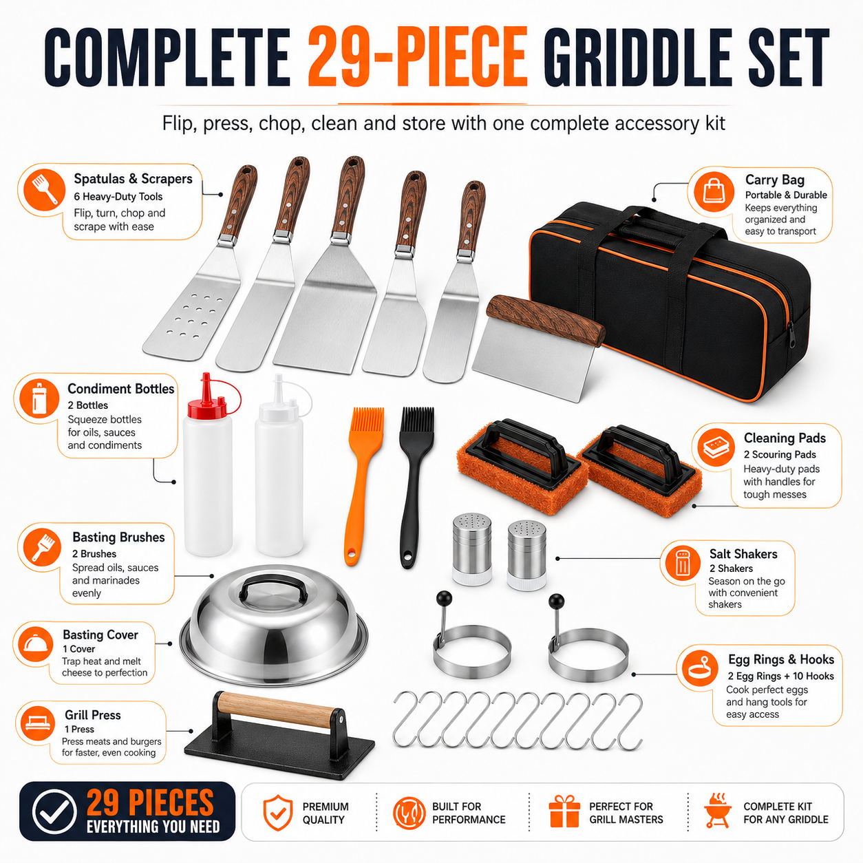 29-Piece Griddle Accessories Set with Spatulas, Grill Press, Basting Cover, Scraper, Egg Rings & Carry Bag