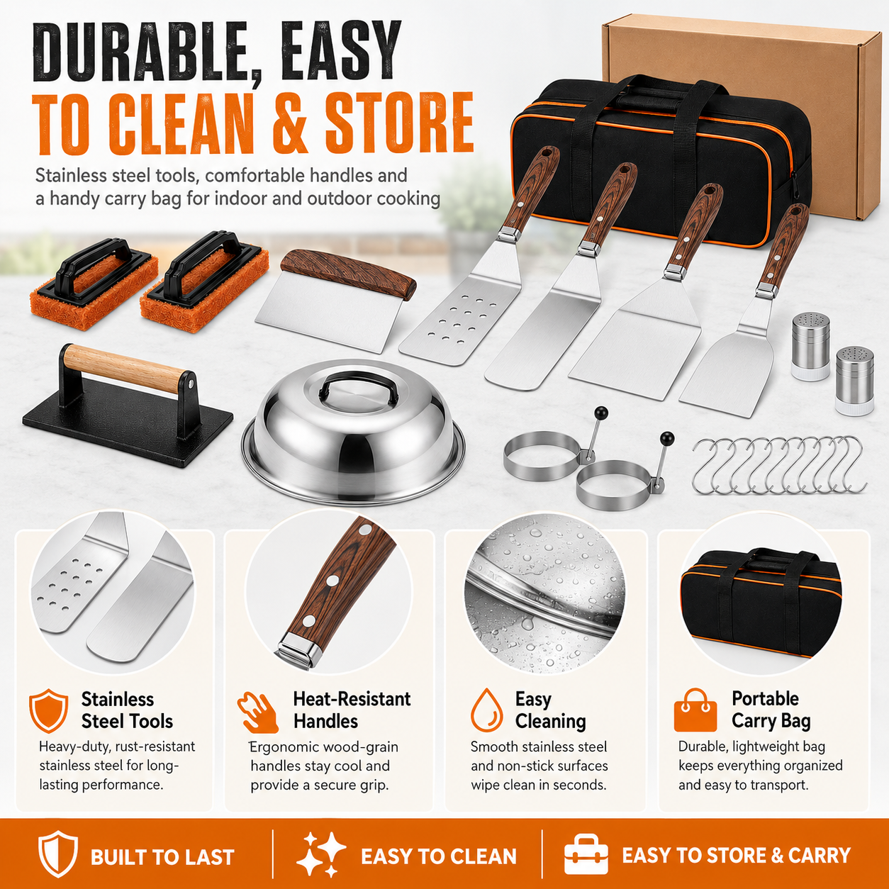 29-Piece Griddle Accessories Set with Spatulas, Grill Press, Basting Cover, Scraper, Egg Rings & Carry Bag