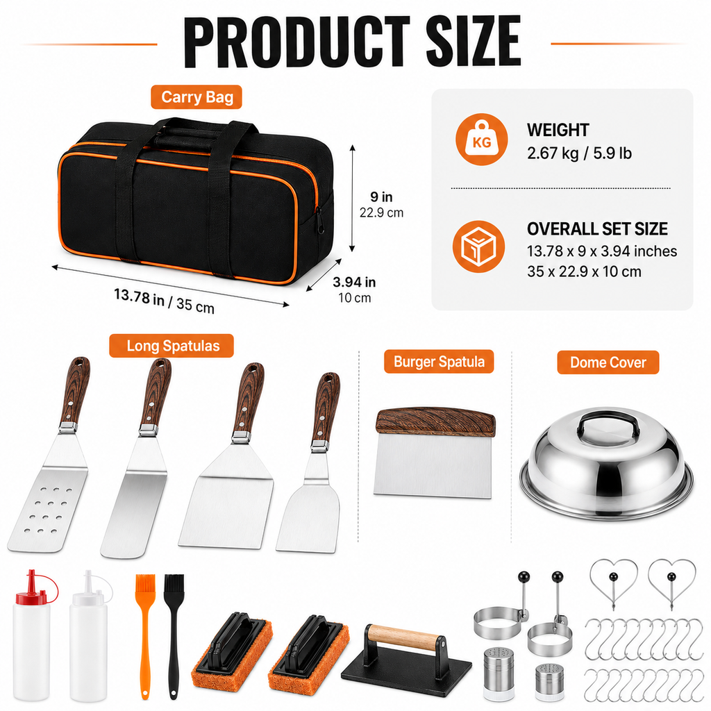 29-Piece Griddle Accessories Set with Spatulas, Grill Press, Basting Cover, Scraper, Egg Rings & Carry Bag