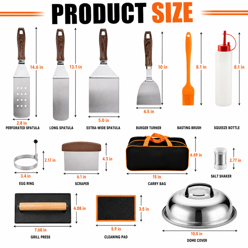 29-Piece Griddle Accessories Set with Spatulas, Grill Press, Basting Cover, Scraper, Egg Rings & Carry Bag
