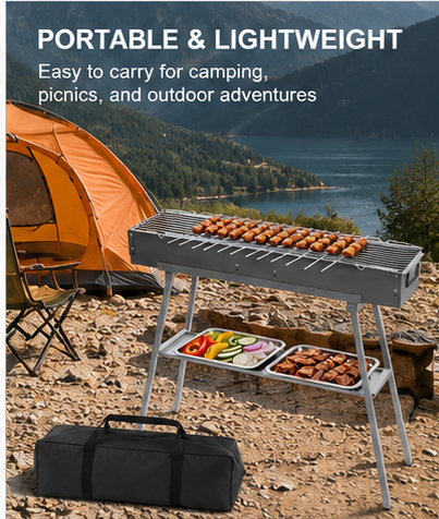 Portable Charcoal BBQ Grill 80cm, Kebab Skewer Barbecue with Foldable Legs & Adjustable Air Vents, Outdoor Grill for Camping & Garden