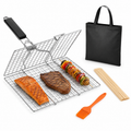 Stainless Steel BBQ Grill Basket with Detachable Handle, 50 Bamboo Skewers, Basting Brush & Carry Bag