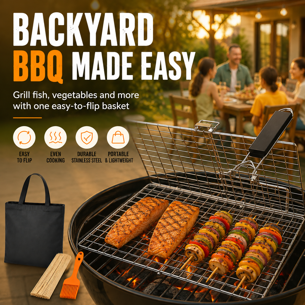 Stainless Steel BBQ Grill Basket with Detachable Handle, 50 Bamboo Skewers, Basting Brush & Carry Bag