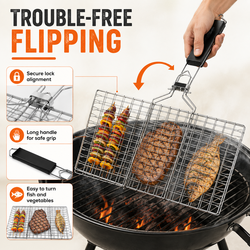 Stainless Steel BBQ Grill Basket with Detachable Handle, 50 Bamboo Skewers, Basting Brush & Carry Bag