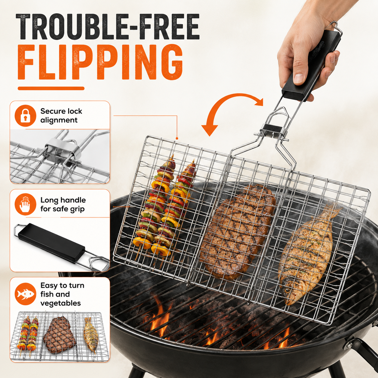Stainless Steel BBQ Grill Basket with Detachable Handle, 50 Bamboo Skewers, Basting Brush & Carry Bag