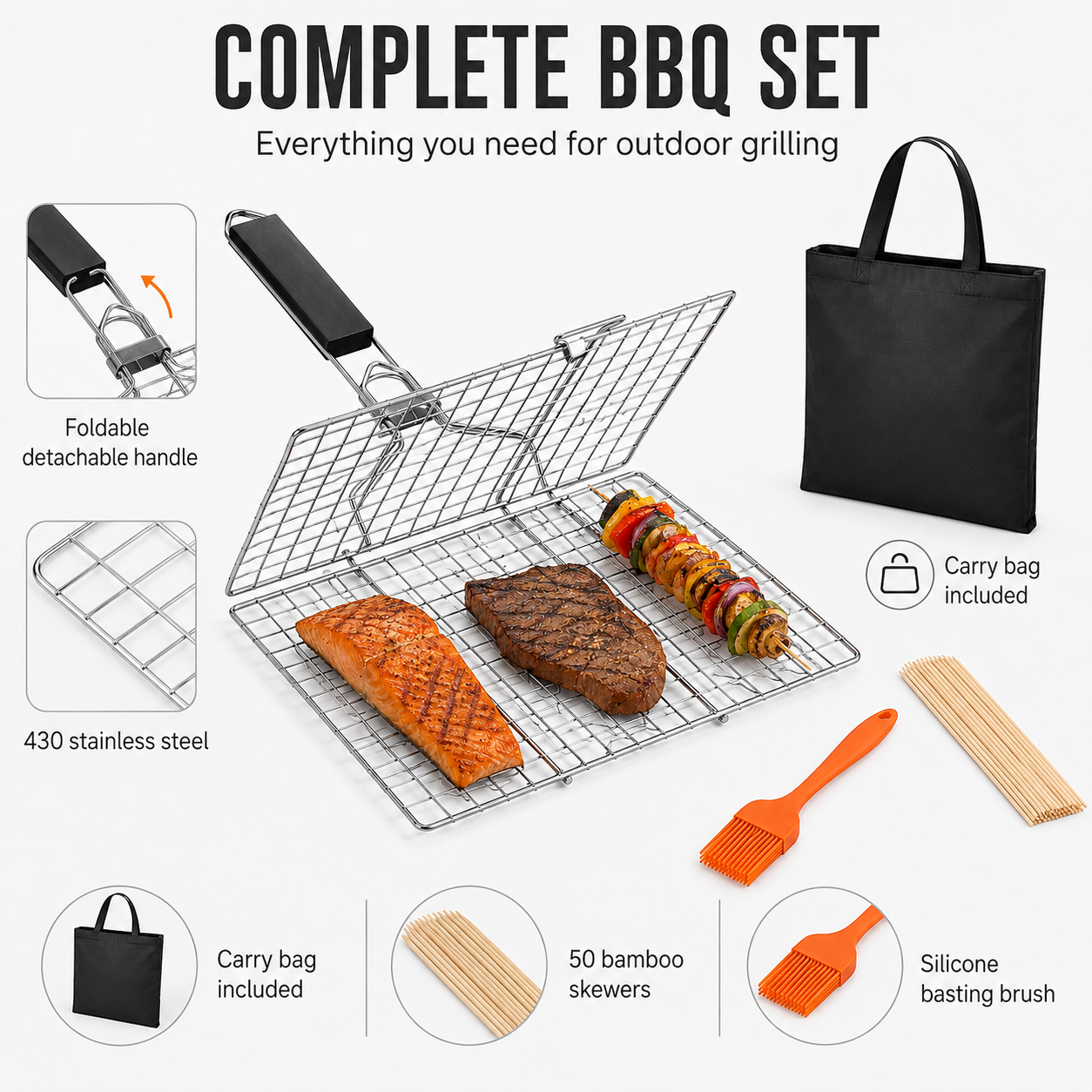 Stainless Steel BBQ Grill Basket with Detachable Handle, 50 Bamboo Skewers, Basting Brush & Carry Bag