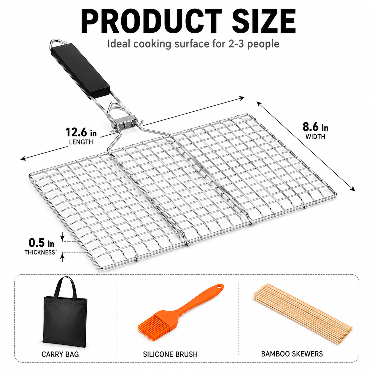 Stainless Steel BBQ Grill Basket with Detachable Handle, 50 Bamboo Skewers, Basting Brush & Carry Bag