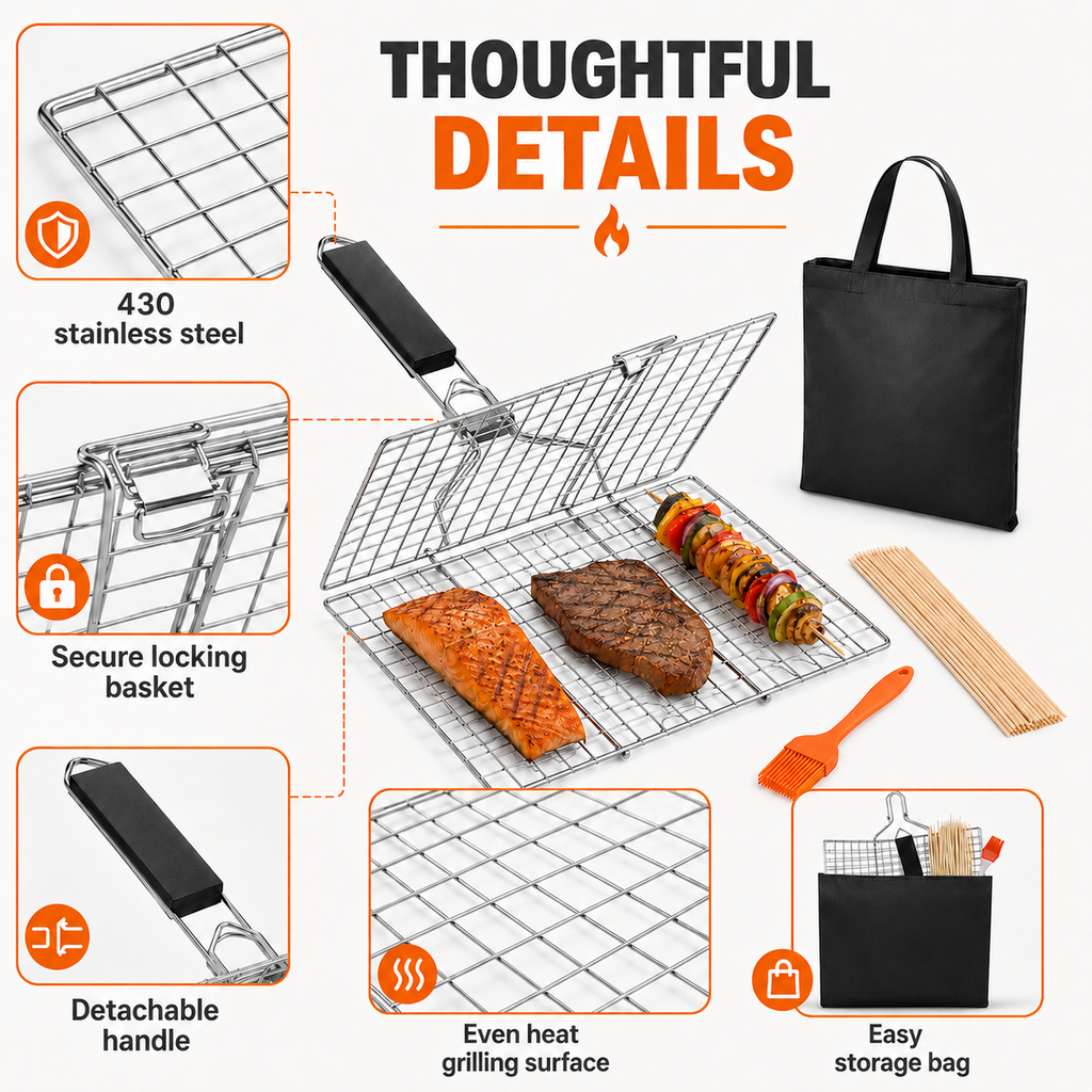 Stainless Steel BBQ Grill Basket with Detachable Handle, 50 Bamboo Skewers, Basting Brush & Carry Bag