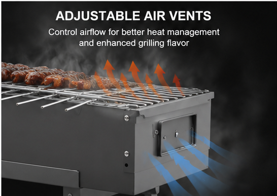 Portable Charcoal BBQ Grill 80cm, Kebab Skewer Barbecue with Foldable Legs & Adjustable Air Vents, Outdoor Grill for Camping & Garden