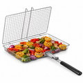 Large stainless steel BBQ grill basket with a 14.2 x 9.4 inch cooking surface, fine mesh design and removable long handle. Suitable for grilling fish, meat, seafood and vegetables on charcoal or gas grills.