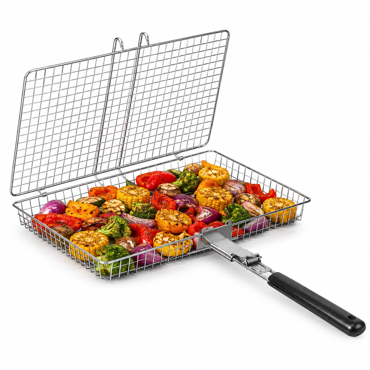 Large stainless steel BBQ grill basket with a 14.2 x 9.4 inch cooking surface, fine mesh design and removable long handle. Suitable for grilling fish, meat, seafood and vegetables on charcoal or gas grills.