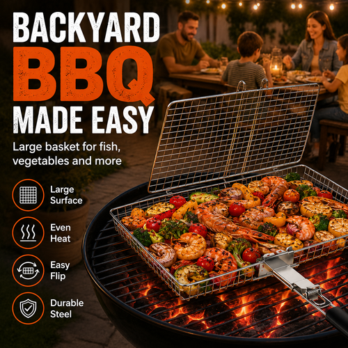 Large stainless steel BBQ grill basket with a 14.2 x 9.4 inch cooking surface, fine mesh design and removable long handle. Suitable for grilling fish, meat, seafood and vegetables on charcoal or gas grills.