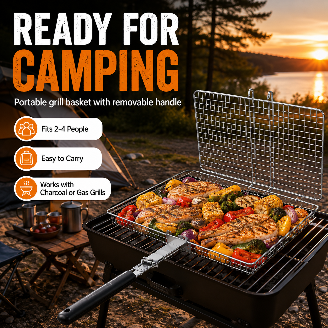 Large stainless steel BBQ grill basket with a 14.2 x 9.4 inch cooking surface, fine mesh design and removable long handle. Suitable for grilling fish, meat, seafood and vegetables on charcoal or gas grills.