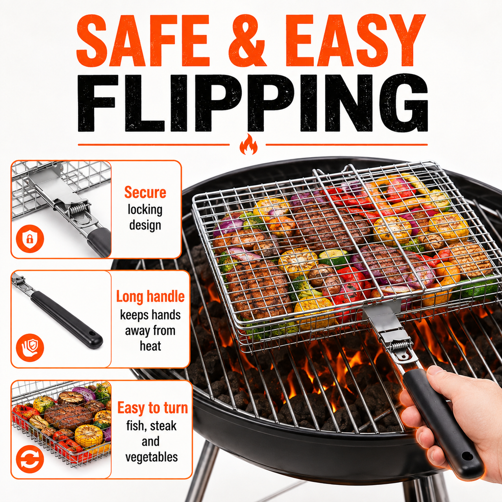 Large stainless steel BBQ grill basket with a 14.2 x 9.4 inch cooking surface, fine mesh design and removable long handle. Suitable for grilling fish, meat, seafood and vegetables on charcoal or gas grills.
