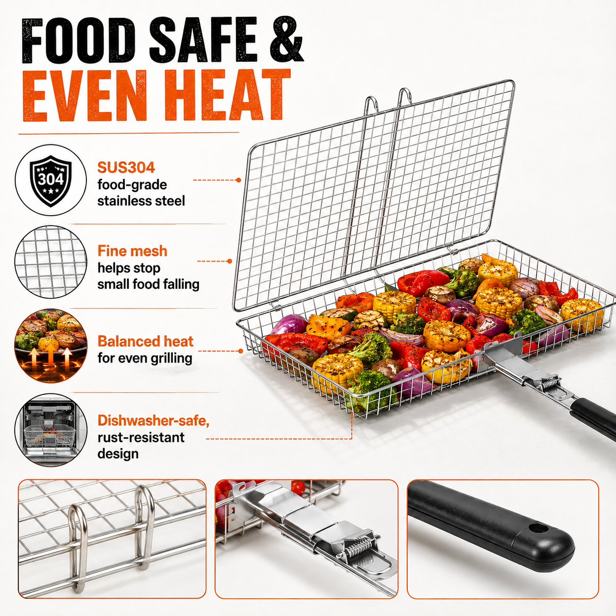 Large stainless steel BBQ grill basket with a 14.2 x 9.4 inch cooking surface, fine mesh design and removable long handle. Suitable for grilling fish, meat, seafood and vegetables on charcoal or gas grills.