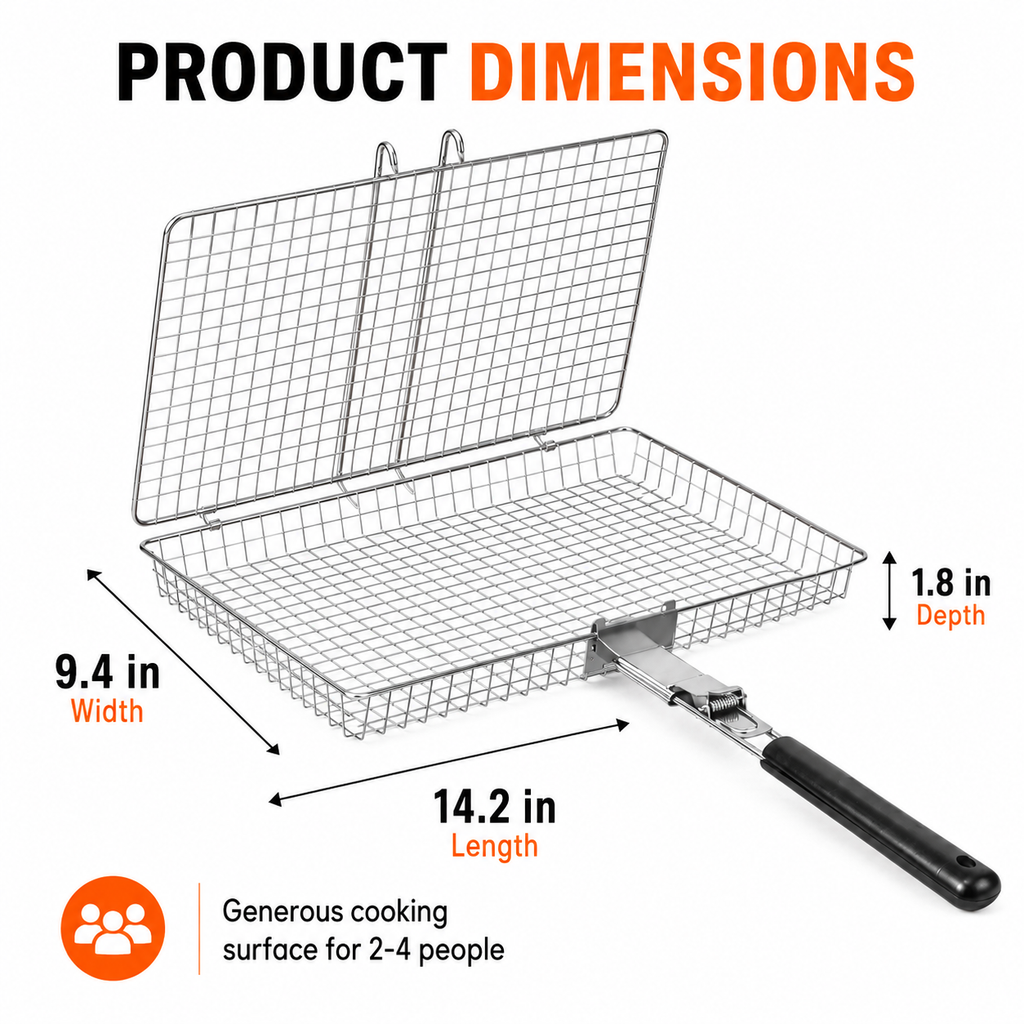 Large stainless steel BBQ grill basket with a 14.2 x 9.4 inch cooking surface, fine mesh design and removable long handle. Suitable for grilling fish, meat, seafood and vegetables on charcoal or gas grills.