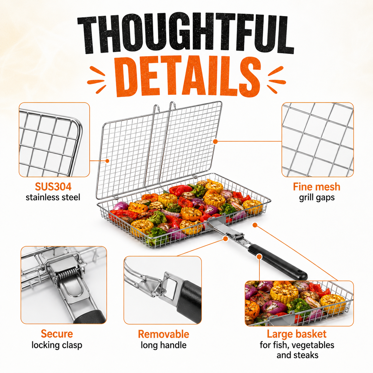 Large stainless steel BBQ grill basket with a 14.2 x 9.4 inch cooking surface, fine mesh design and removable long handle. Suitable for grilling fish, meat, seafood and vegetables on charcoal or gas grills.