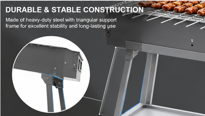 Portable Charcoal BBQ Grill 80cm, Kebab Skewer Barbecue with Foldable Legs & Adjustable Air Vents, Outdoor Grill for Camping & Garden