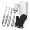 Practical 4-piece BBQ tool set with stainless steel tongs, grill fork, multifunction spatula and heat-resistant glove. Suitable for garden barbecues, camping and outdoor cooking.