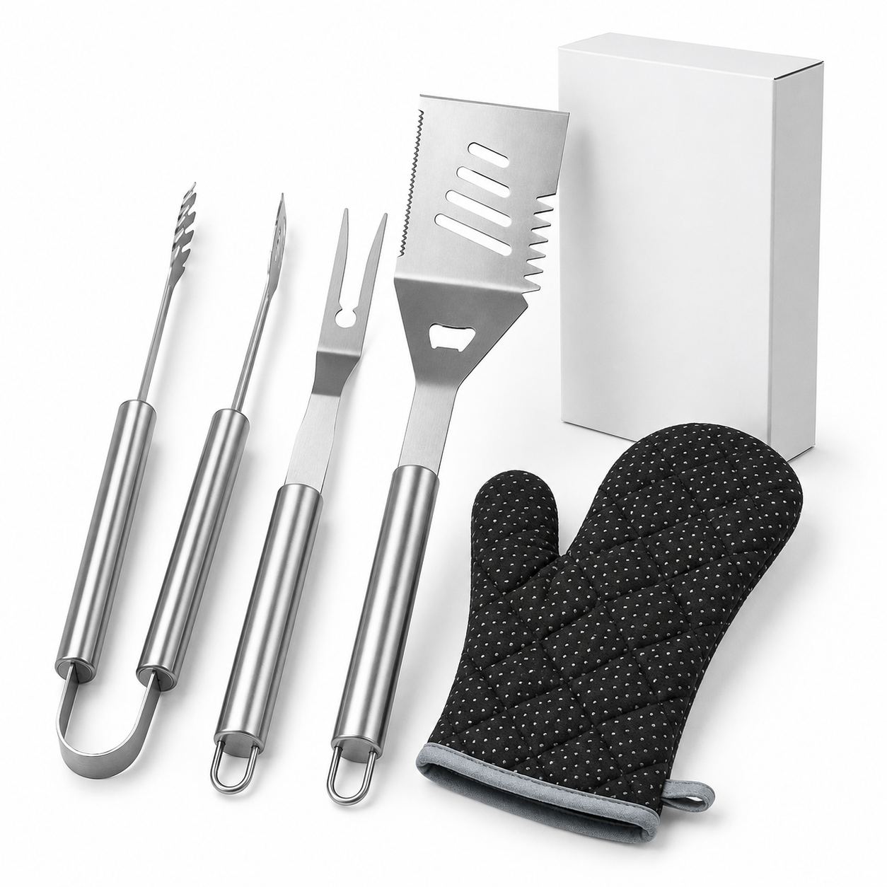 Practical 4-piece BBQ tool set with stainless steel tongs, grill fork, multifunction spatula and heat-resistant glove. Suitable for garden barbecues, camping and outdoor cooking.