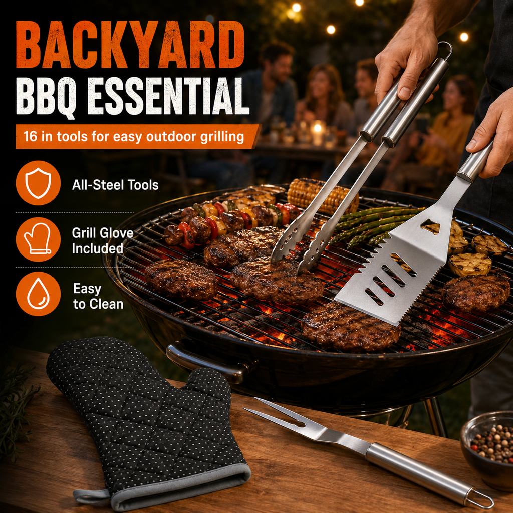Practical 4-piece BBQ tool set with stainless steel tongs, grill fork, multifunction spatula and heat-resistant glove. Suitable for garden barbecues, camping and outdoor cooking.