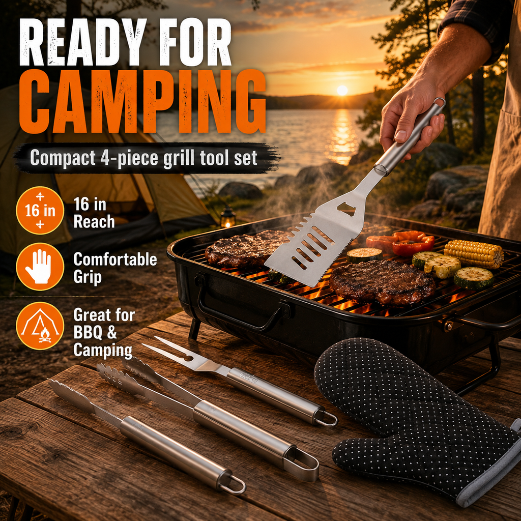 Practical 4-piece BBQ tool set with stainless steel tongs, grill fork, multifunction spatula and heat-resistant glove. Suitable for garden barbecues, camping and outdoor cooking.