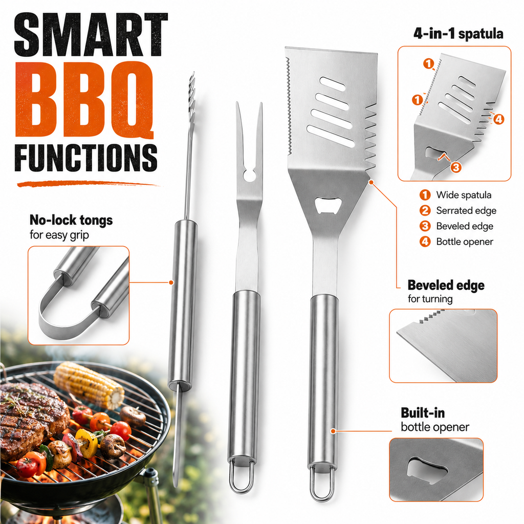Practical 4-piece BBQ tool set with stainless steel tongs, grill fork, multifunction spatula and heat-resistant glove. Suitable for garden barbecues, camping and outdoor cooking.