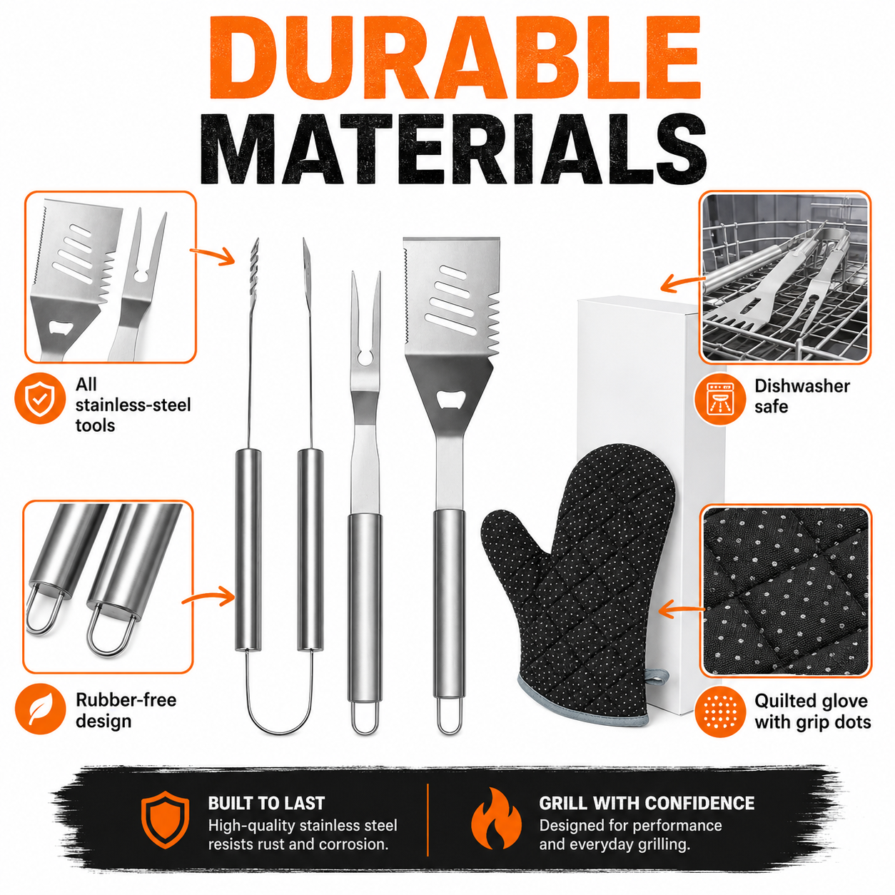 Practical 4-piece BBQ tool set with stainless steel tongs, grill fork, multifunction spatula and heat-resistant glove. Suitable for garden barbecues, camping and outdoor cooking.