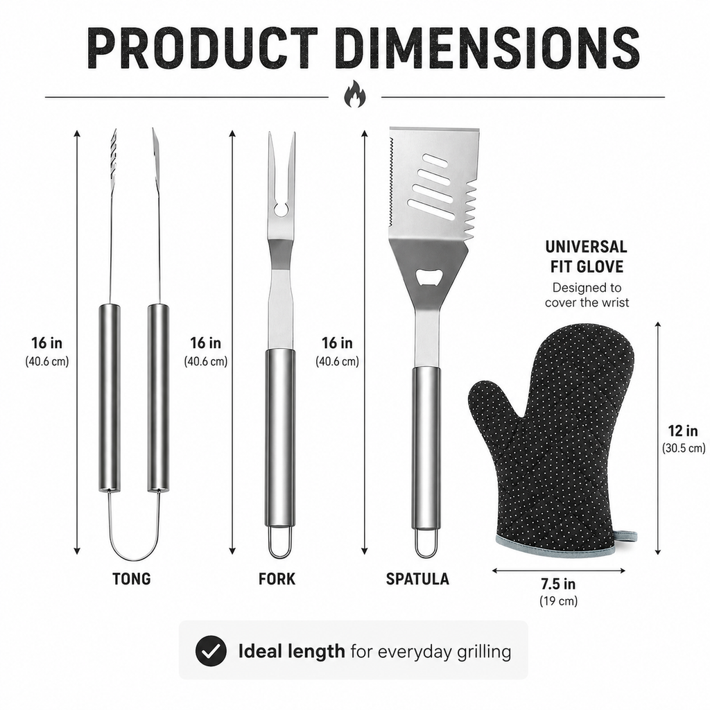 Practical 4-piece BBQ tool set with stainless steel tongs, grill fork, multifunction spatula and heat-resistant glove. Suitable for garden barbecues, camping and outdoor cooking.
