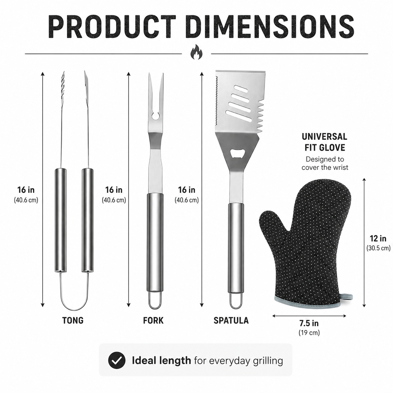 Practical 4-piece BBQ tool set with stainless steel tongs, grill fork, multifunction spatula and heat-resistant glove. Suitable for garden barbecues, camping and outdoor cooking.